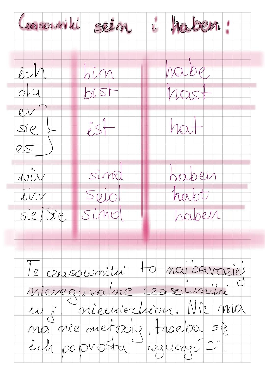 Czasowniki sein i haben:
ich | bin | habe
olu | bist | hast
er | est | hat
sie |
---|---|
es |
wiv | sind | haben
ihv | seid | habt
sie/Si