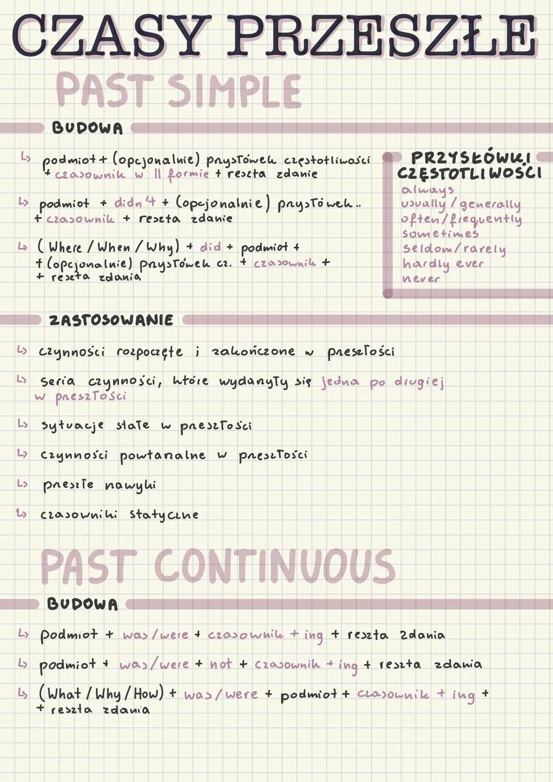 CZASY PRZESZŁE
PAST SIMPLE
BUDOWA
↳ podmiot + (opcjonalnie) prystówek częstotliwości
+ czasownik w II formie + reszta zdanie
↳ podmiot + di