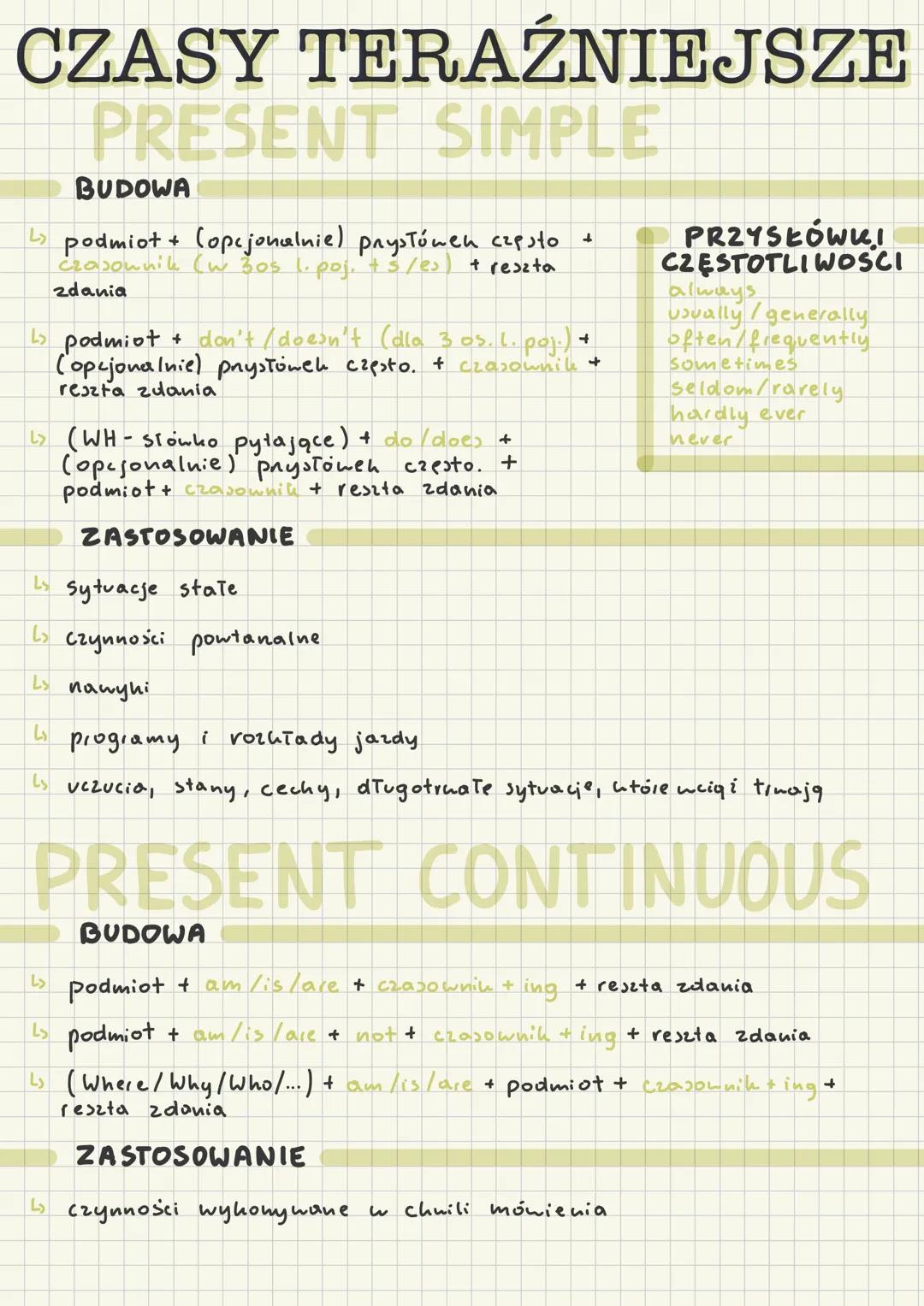 CZASY TERAŹNIEJSZE
PRESENT SIMPLE
BUDOWA
podmiot + (opcjonalnie) przysłówki często +
czasownik (w 3os l. poj. + s/es) + reszta
zdania
↓
podm