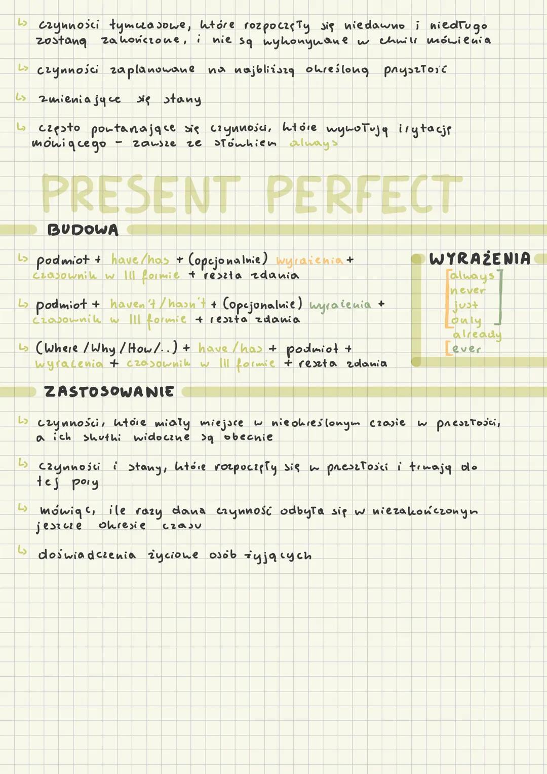 CZASY TERAŹNIEJSZE
PRESENT SIMPLE
BUDOWA
podmiot + (opcjonalnie) przysłówki często +
czasownik (w 3os l. poj. + s/es) + reszta
zdania
↓
podm