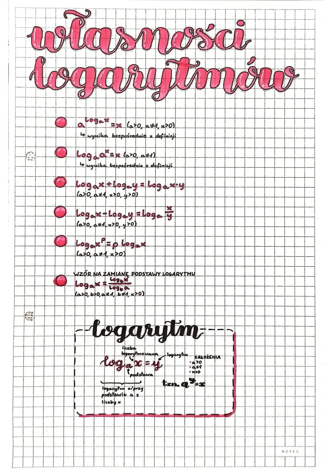 ## własnosci
## logarytmów
- $log_a x = x$
(a>0, a≠1, x>0)
↳wynika bezpośrednio z definicji
- $log_a a^x = x$ (a>0, a≠1)
↳wynika bezpośre