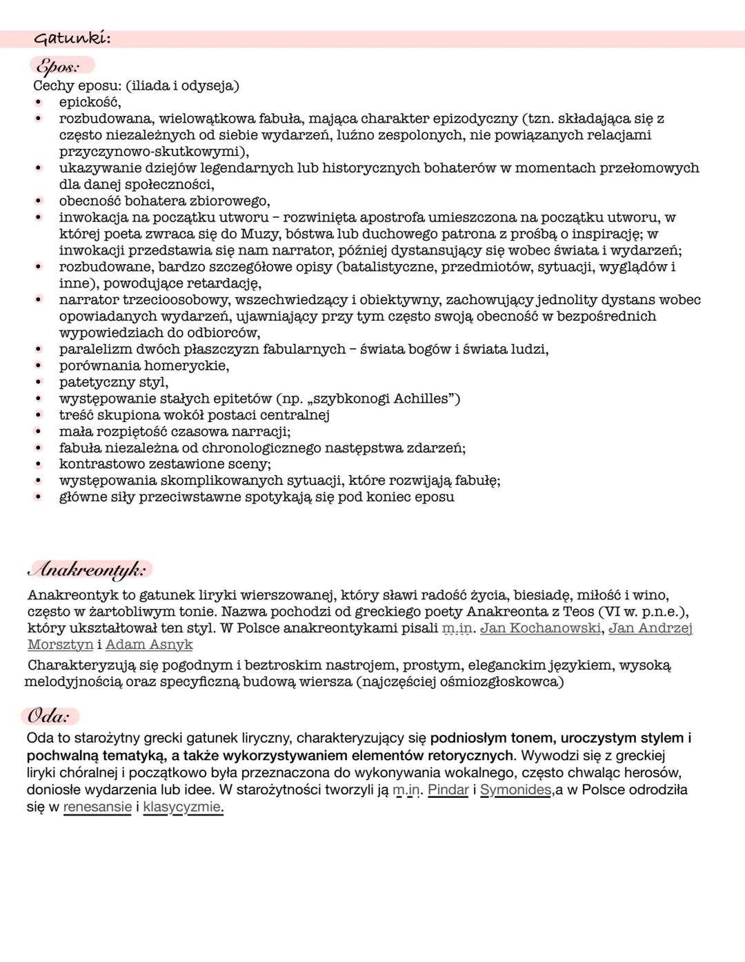 Gatunki:
Epos:
Cechy eposu: (iliada i odyseja)
epickość,
rozbudowana, wielowątkowa fabuła, mająca charakter epizodyczny (tzn. składająca się