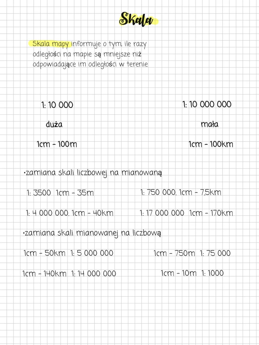 Skala
Skala mapy informuje o tym, ile razy
odległości na mapie są mniejsze niż
odpowiadające im odległości w terenie
1: 10 000
duża
1cm - 10