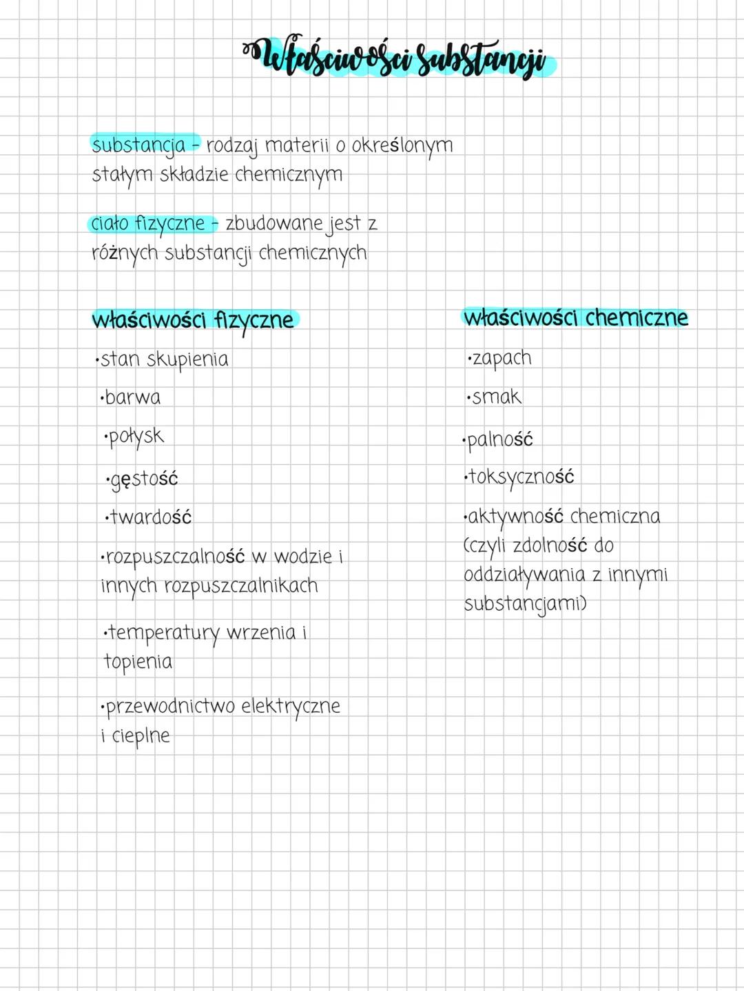 ## Właściwości Substancji
substancja - rodzaj materii o określonym
stałym składzie chemicznym
ciało fizyczne - zbudowane jest z
różnych subs