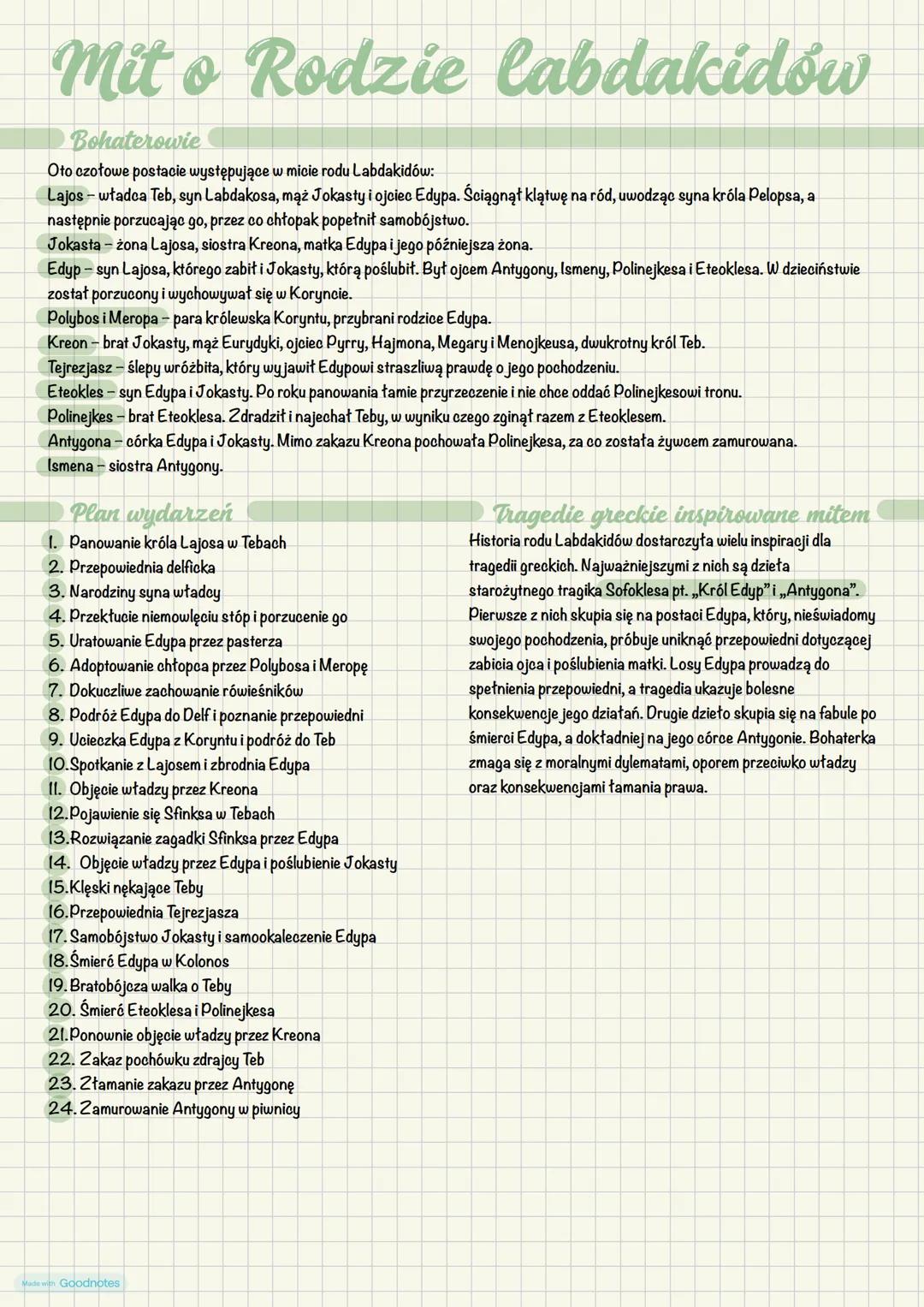 ## Mit o Rodzie Labdakidów
### Bohaterowie
Oto czołowe postacie występujące w micie rodu Labdakidów:
Lajos - władca Teb, syn Labdakosa, mą