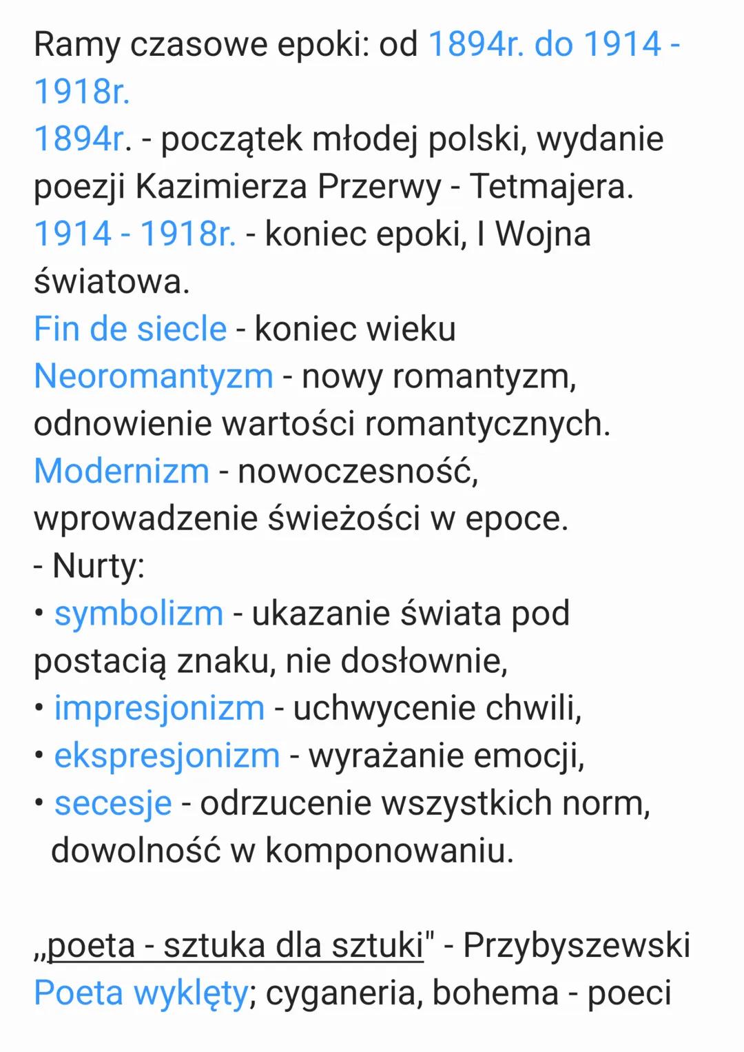 Ramy czasowe epoki: od 1894r. do 1914 -
1918r.
1894r. - początek młodej polski, wydanie
poezji Kazimierza Przerwy - Tetmajera.
1914-1918r.