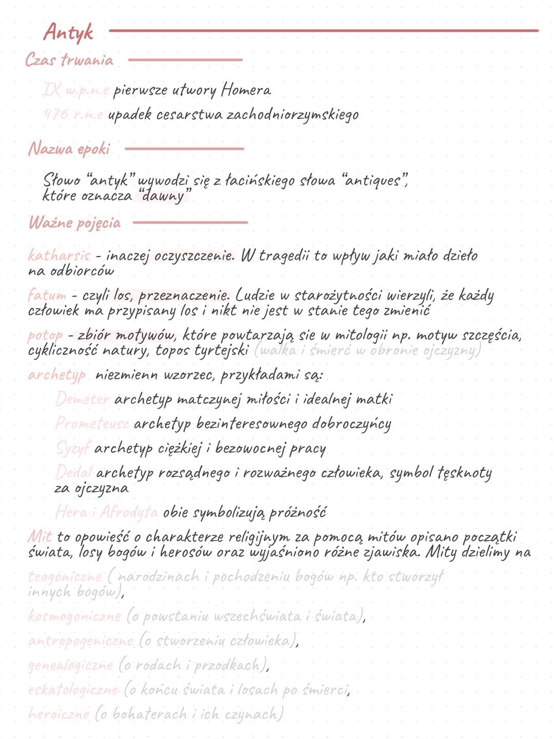 # Antyk
Czas trwania
IX w.p.n.e pierwsze utwory Homera
476 r.n.e upadek cesarstwa zachodniorzymskiego
Nazwa epoki
Słowo "antyk" wywodzi