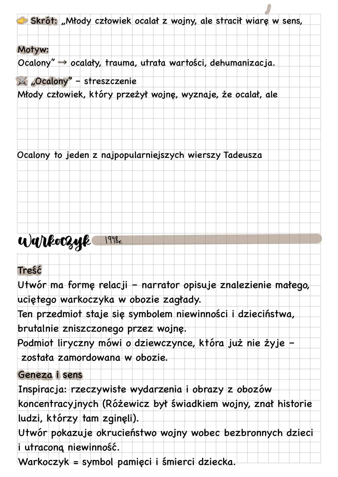 # Ocalony 1947
Autor: Tadusz Różewicz
Treść:
* Podmiot liryczny to młody człowiek, który przeżył wojnę,
ale czuje się pusty i obcy wobe