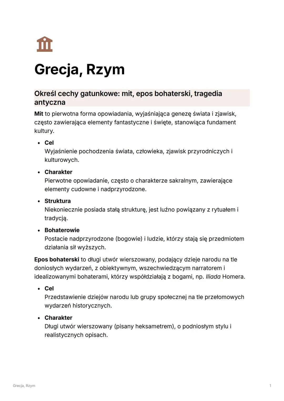 Grecja, Rzym
Określ cechy gatunkowe: mit, epos bohaterski, tragedia
antyczna
Mit to pierwotna forma opowiadania, wyjaśniająca genezę świat