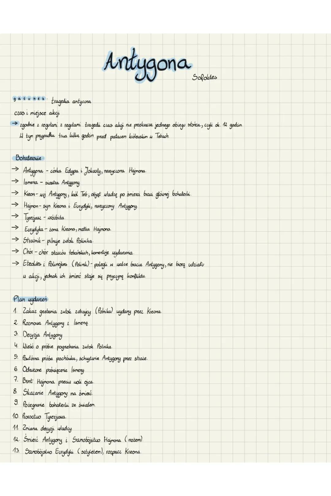 # Antygona
Sofdles
gatunek tragedia antycına
czas i miejsce akcji
→ zgodnie z regułani z regułami tragedi cias aligi nie prekracza jedne
