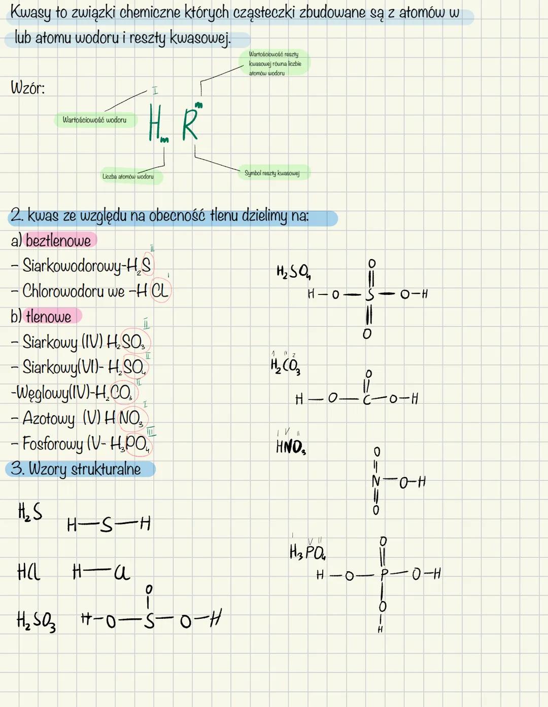 Kwasy to związki chemiczne których cząsteczki zbudowane są z ałomów w
lub atomu wodoru i reszty kwasowej.
Wartościowość reszty
kwasowej rów