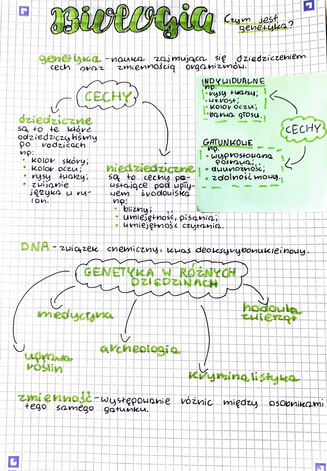 # Biologia
Czym jest
genetyka?
genetyka - nauka zajmująca się dziedziczeniem
cech oraz zmiennością organizmów.
CECHY
dziedziczne
są to t