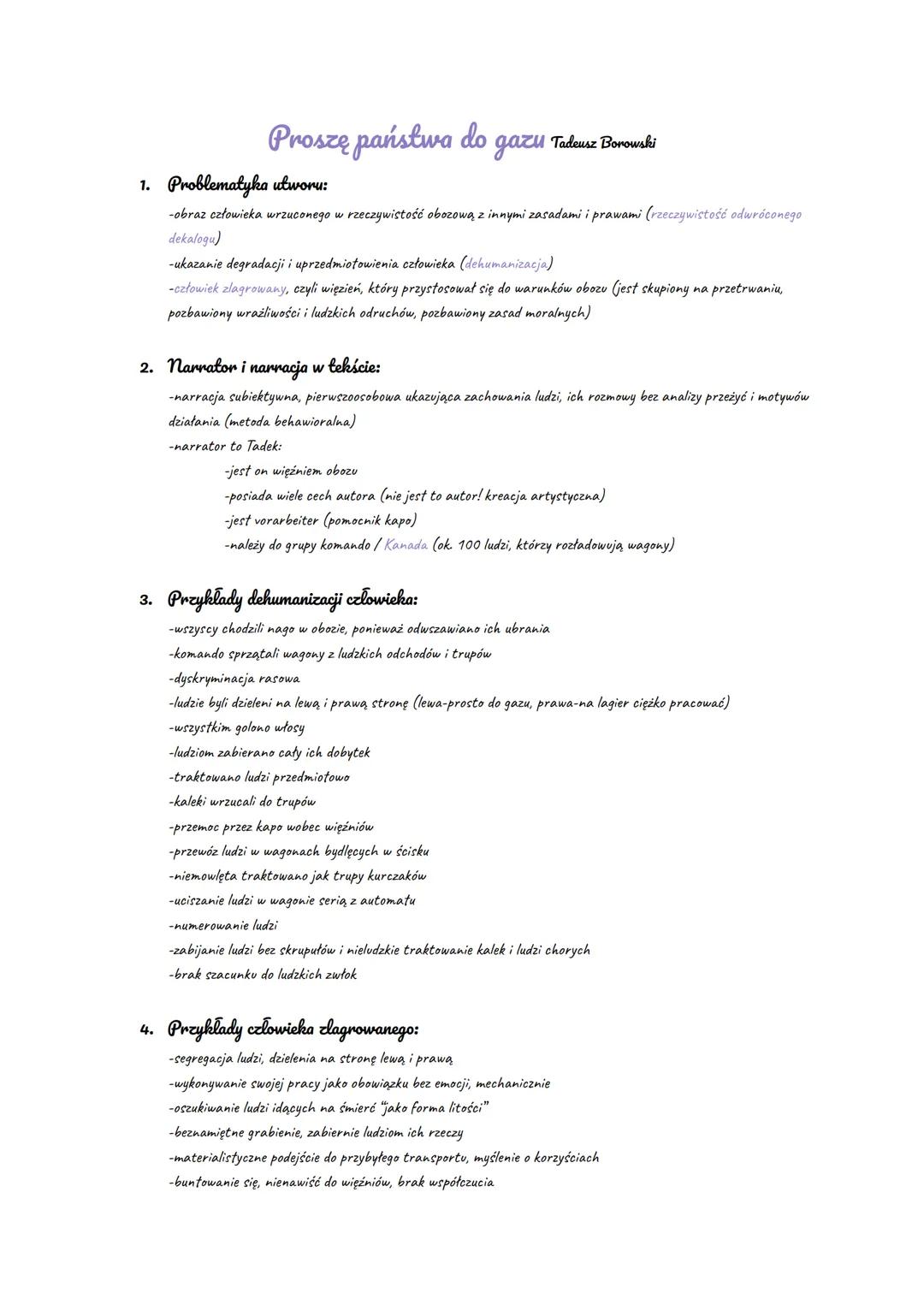 # Proszę państwa do gazu Tadeusz Borowski
1. Problematyka utworu:
-obraz człowieka wrzuconego w rzeczywistość obozową z innymi zasadami i