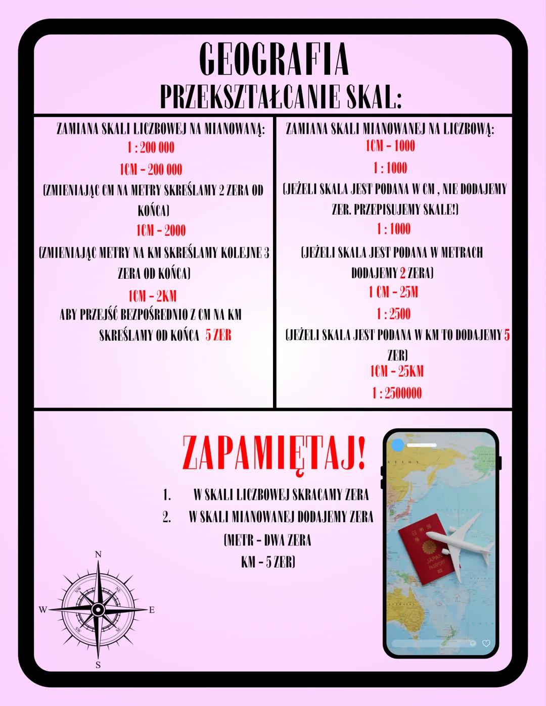 # GEOGRAFIA
PRZEKSZTAŁCANIE SKAL:
ZAMIANA SKALI LICZBOWEJ NA MIANOWANĄ: ZAMIANA SKALI MIANOWANEJ NA LICZBOWĄ:
1:200.000
1CM-200 000
ICM-1000