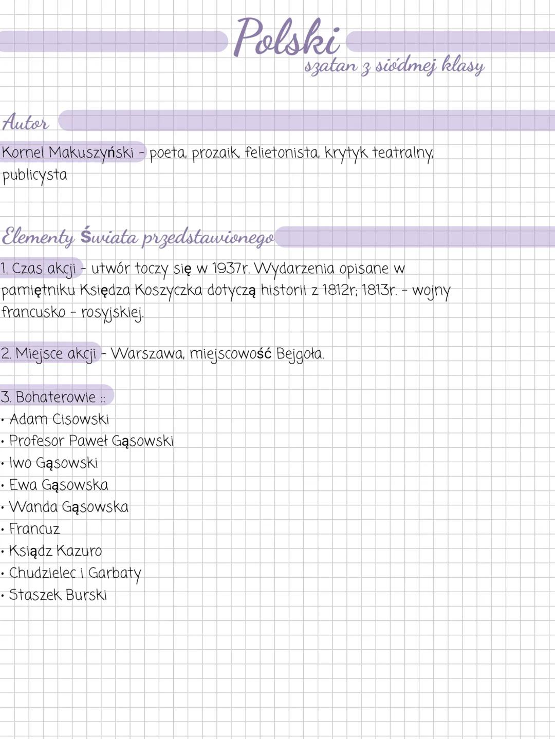 # Polski
szatan z siódmej klasy
Autor
Kornel Makuszyński - poeta, prozaik, felietonista, krytyk teatralny,
publicysta
Elementy Świata prze