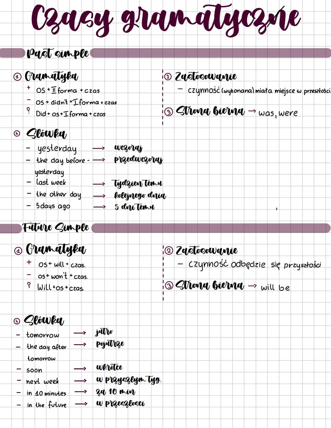 # Czasy gramatyczne
## Present simple
① Gramatyka
+ os + I forma (s) + czas
- os + don't/doesn't + I forma + czas
? Do/Does+os + I form