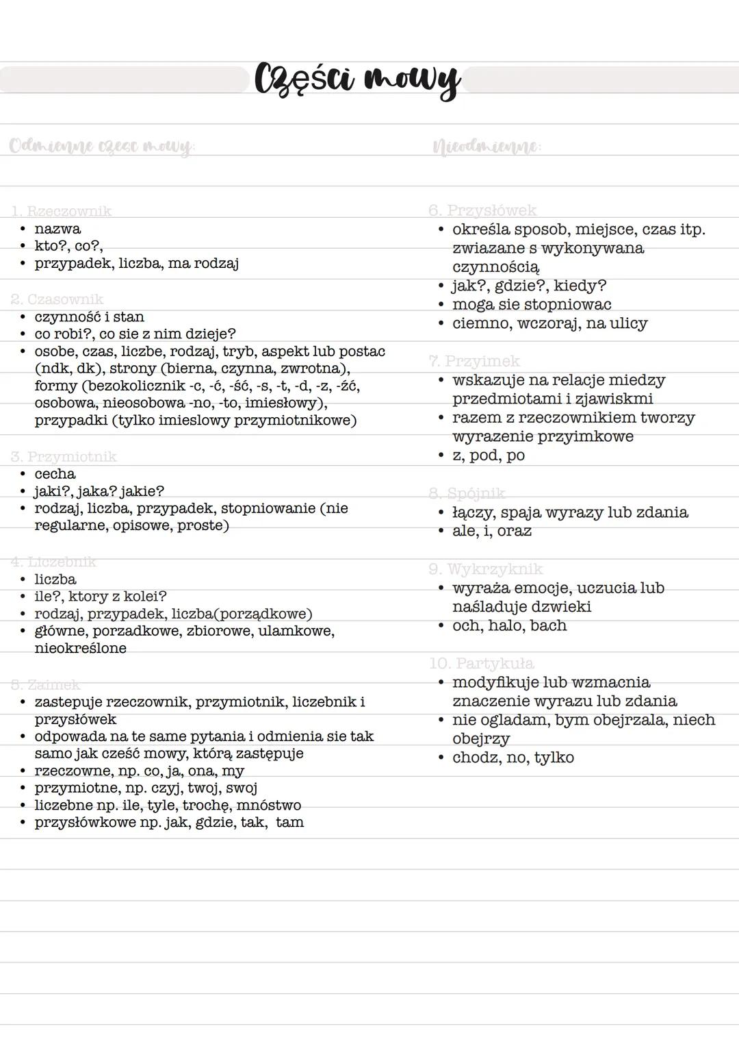 # Części mowy
Odmienne ozese mowy
1. Rzeczownik
- nazwa
- kto?, co?,
- przypadek, liczba, ma rodzaj
2. Czasownik
- czynność i