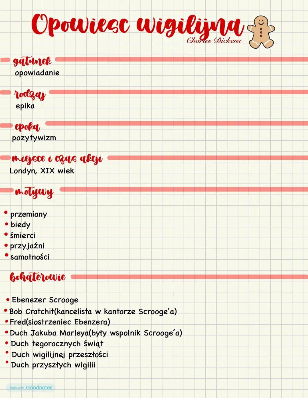 # Opowiesc wigilijna
gatunek
opowiadanie
rodzaj
epika
epoka
pozytywizm
miejsce i czas akcji
Londyn, XIX wiek
motywy
* przemiany
* biedy