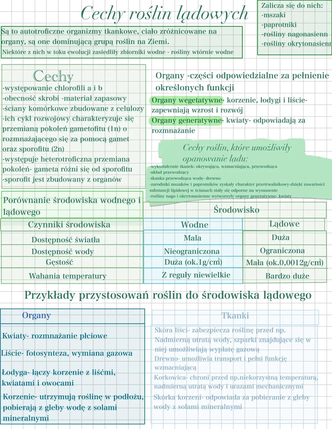# Cechy roślin lądowych
Są to autotroficzne organizmy tkankowe, ciało zróżnicowane na
organy, są one dominującą grupą roślin na Ziemi.
Niek