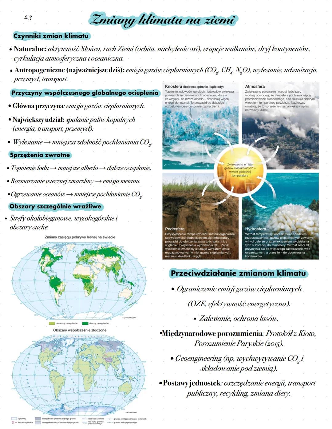 2.3
# Zmiany klimatu na ziemi
## Czynniki zmian klimatu
• Naturalne: aktywność Słońca, ruch Ziemi (orbita, nachylenie osi), erupcje wulkanó