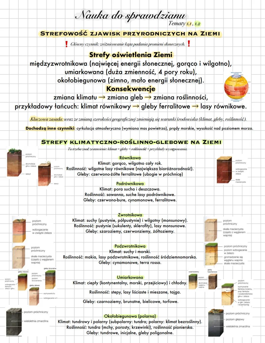 # Nauka do sprawdzianu
Tematy 1.1, 1.2
STREFOWOŚĆ ZJAWISK PRZYRODNICZYCH NA ZIEMI
! Główny czynnik: zróżnicowanie kąta padania promieni sło