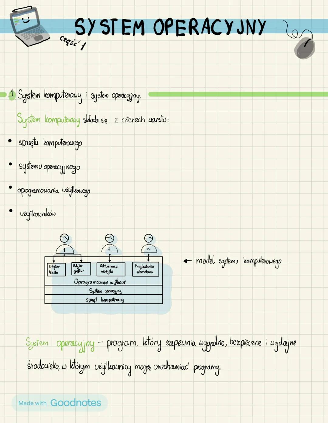 # SYSTEM OPERACYJNY
Część 1
1 System komputerowy i system operacyjny.
System komputerowy składa się z czterech warstw:
• sprzętu komputer