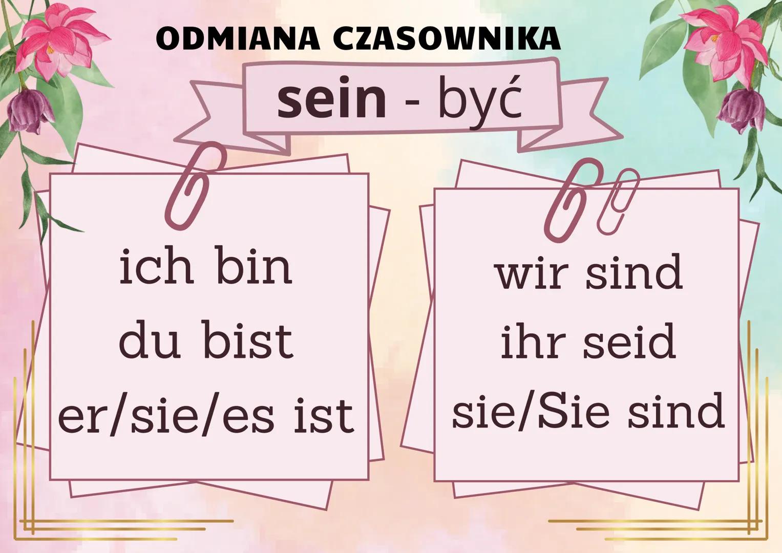 ODMIANA CZASOWNIKA
sein - być
ich bin
du bist
wir sind
ihr seid
er/sie/es ist
sie/Sie sind