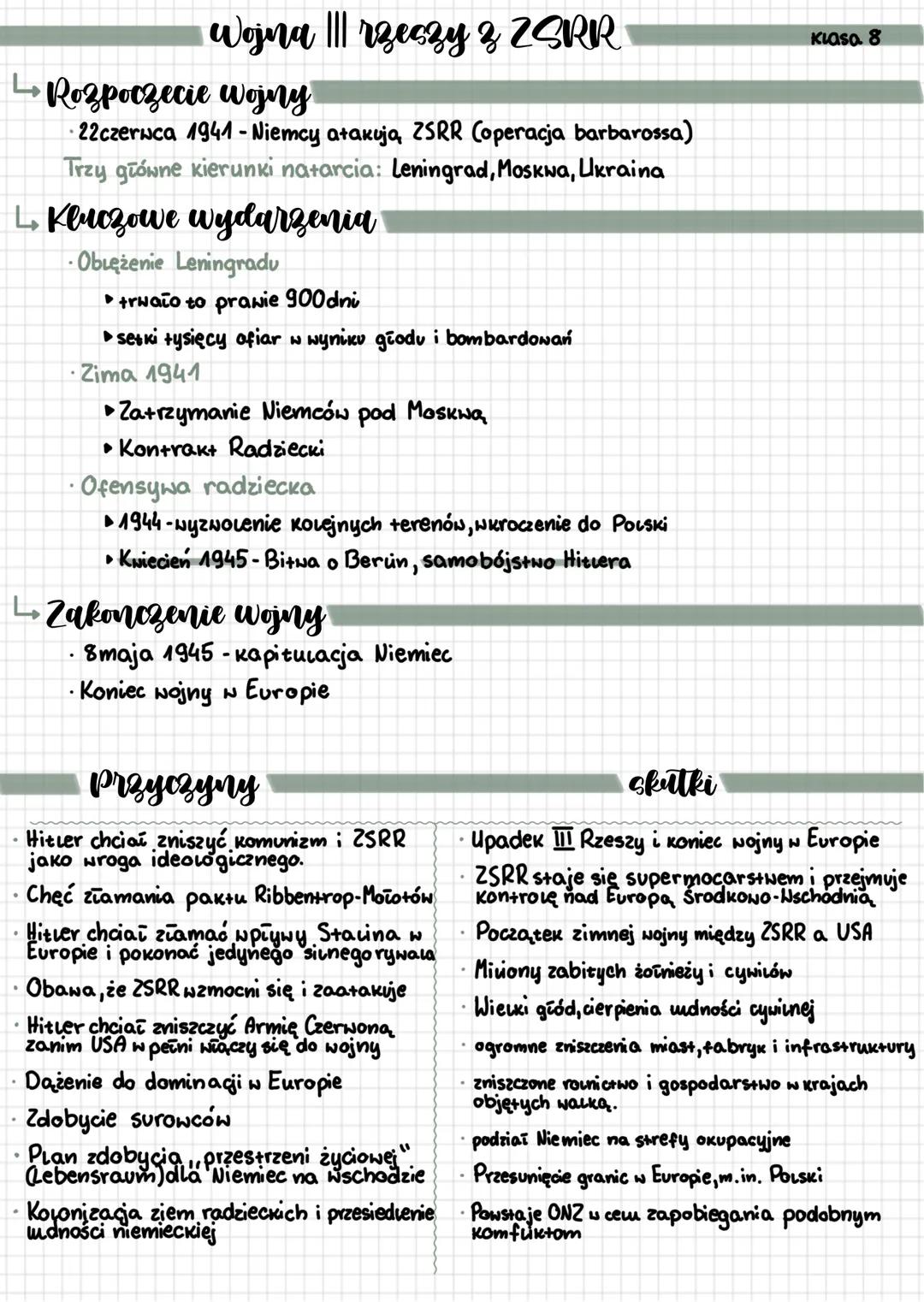# Wojna ||| rzeczy & ZSRR
Klasa. 8
↳ Rozpoczecie wojny
* 22czerwca 1941 - Niemcy атакија, ZSRR Coperacja barbarossa)
* Trzy główne ki