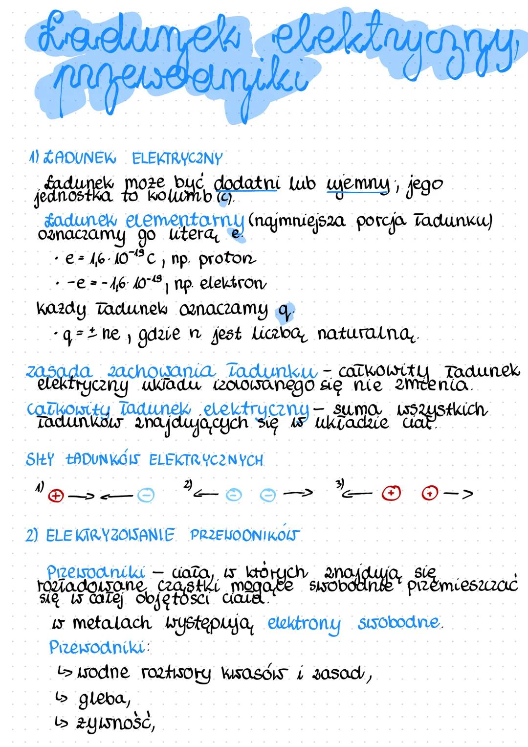 # Ladunek elektryczny,
przewdamiki
1) LADUNEK ELEKTRYCZNY
Ladunek moze być dodatni lub jemny, jego
jednostka to kolumb (c).
Ladunek eleme