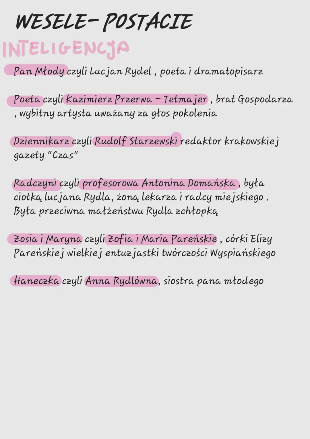 # WESELE-POSTACIE
INTELIGENCJA
Pan Młody czyli Lucjan Rydel, poeta i dramatopisarz
Poeta czyli Kazimierz Przerwa - Tetmajer, brat Gospoda