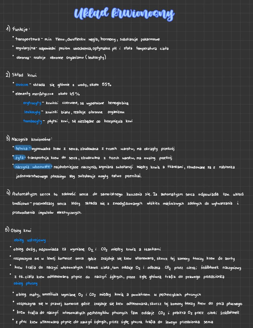 # Uklad krwionosny
1) Funkcje:
* transportowa m.in tlenu, dwutlenku węgla, hormony, substancje pokarmowe
* regulacyjna odpowiedni pozi