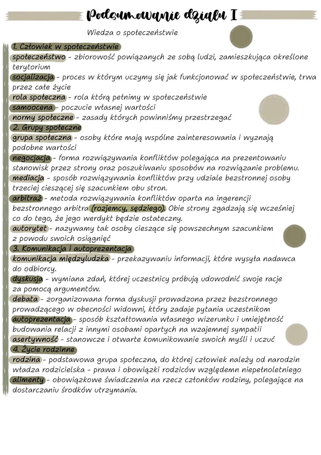 # Podsumowanie działu I
Wiedza o społeczeństwie
1. Człowiek w społeczeństwie
społeczeństwo - zbiorowość powiązanych ze sobą ludzi, zamies