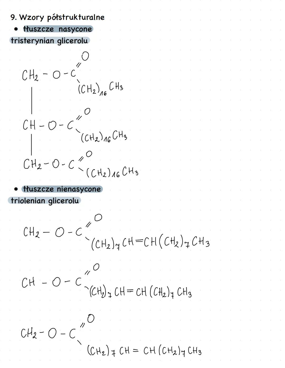 1. Tłuszcze (glicerydy) są estrami glicerolu i wyższych kwasów tłuszczowych
CH2-O-C
wzór ogólny tłuszczów
$R_1$
Ο
CH-O-C
$R_2$
Ο
CH2-O-C
$R