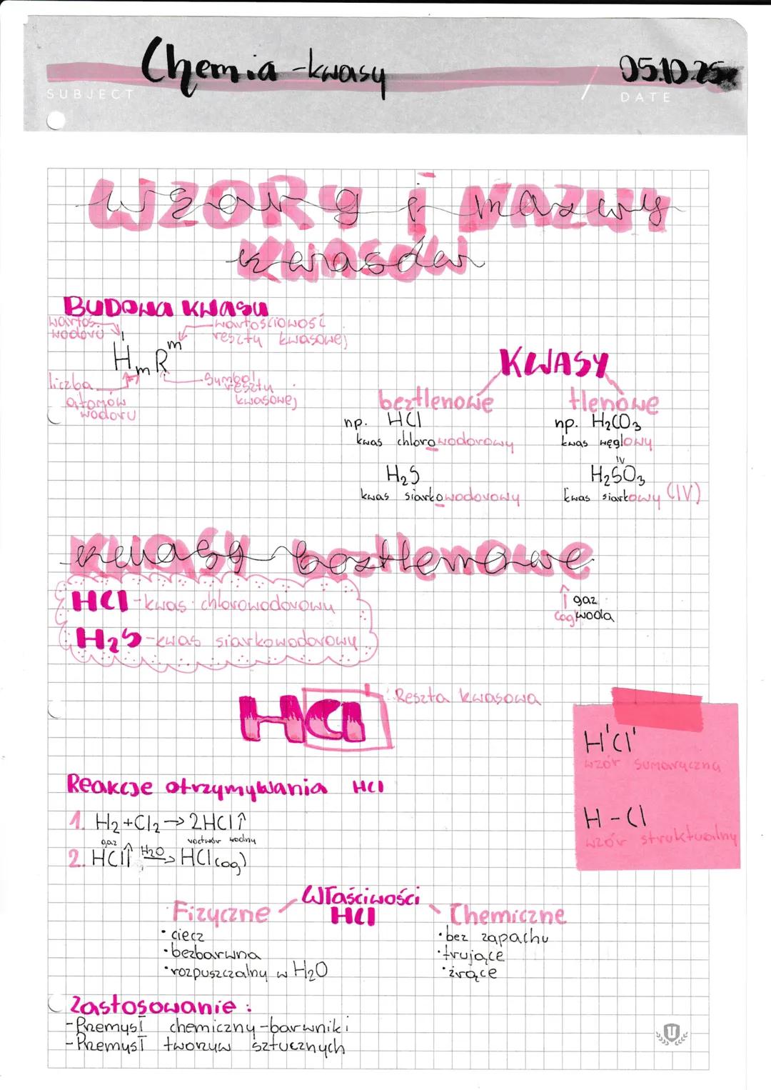 Chemia-kwasy
SUBJECT
05.10.25
DATE
WZORY | NAZWY
karasden
BUDONA kwasu
wortos
$H_mR^m$
HowtoSCIONOS
resity kwasowe,
liczba.
atomow
wodoru
kw