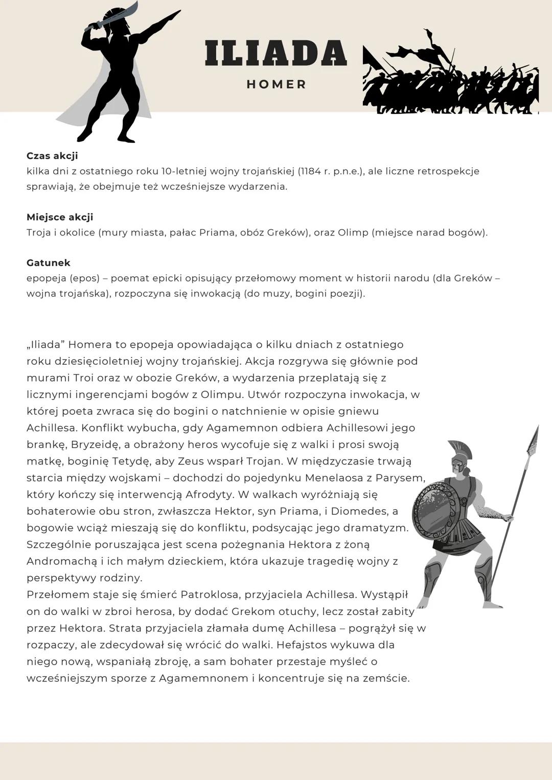 # ILIADA
## HOMER
Czas akcji
kilka dni z ostatniego roku 10-letniej wojny trojańskiej (1184 r. p.n.e.), ale liczne retrospekcje
sprawiają