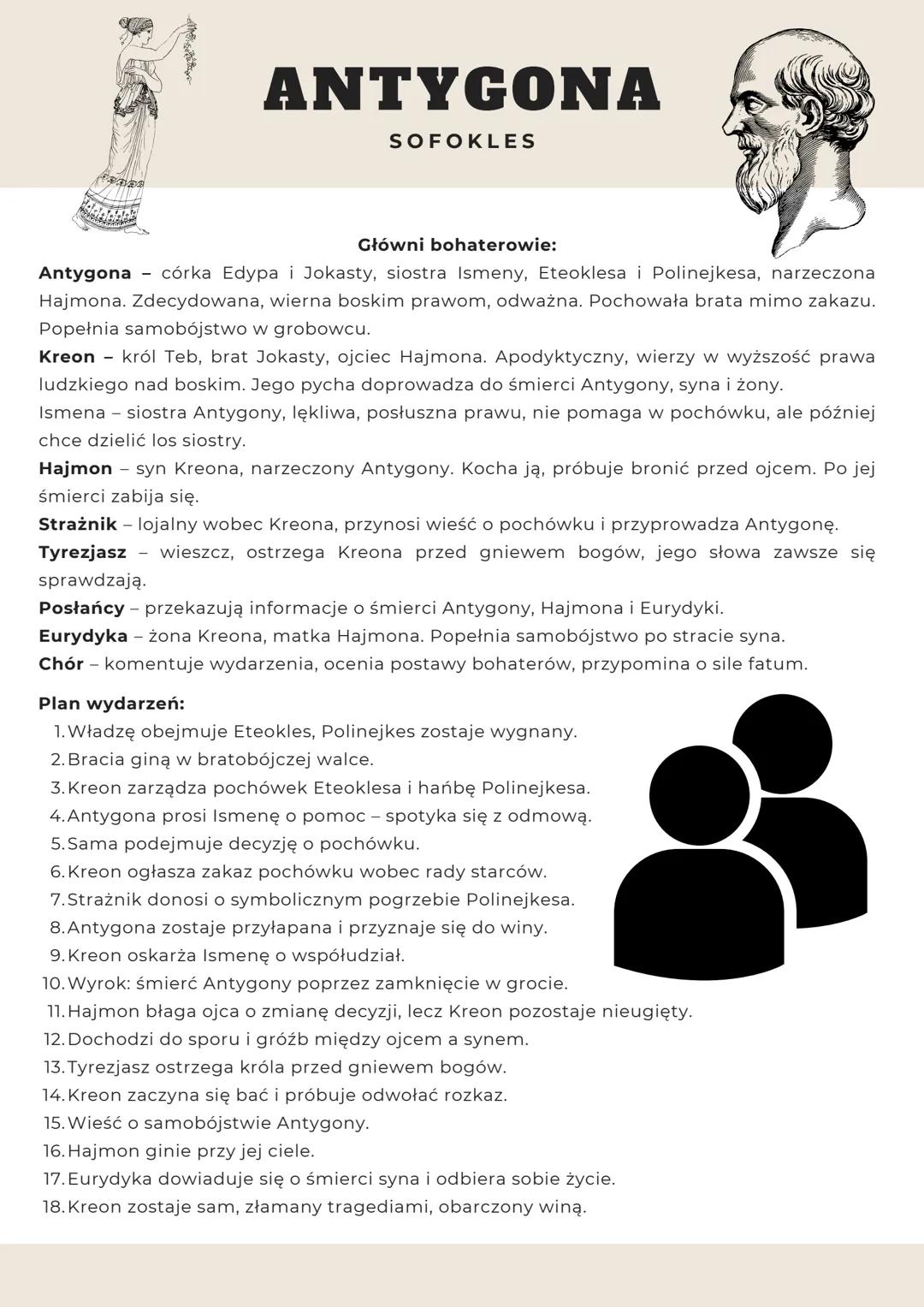 # ANTYGONA
SOFOKLES
Czas akcji
starożytność, czas mityczny; akcja trwa niecałą dobę (jedność czasu).
Miejsce akcji
Teby, pałac królewski