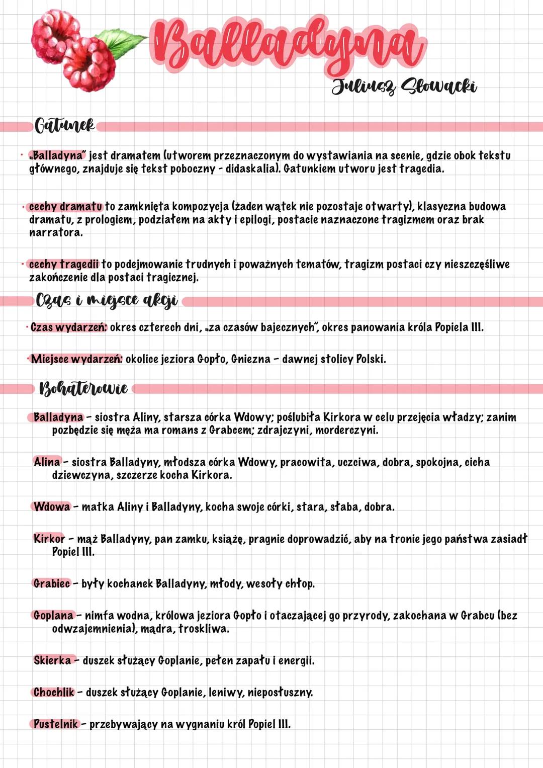 # Balladyna
Juliusz Słowacki
## Gatunek
- „Balladyna" jest dramatem (utworem przeznaczonym do wystawiania na scenie, gdzie obok tekstu
gł