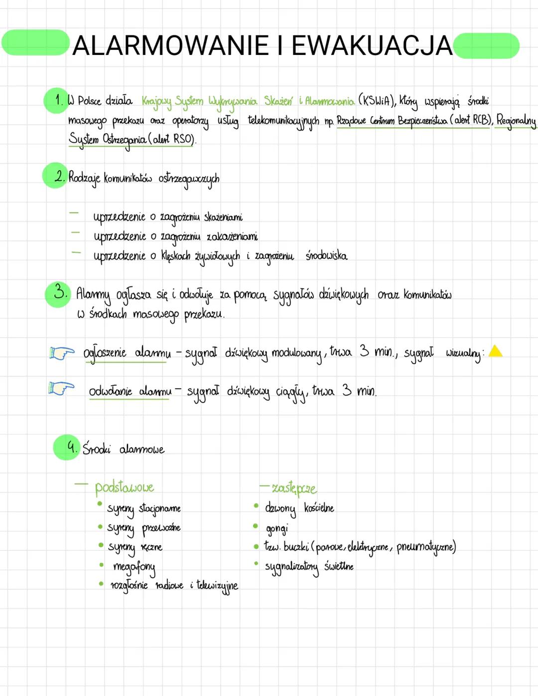 # ALARMOWANIE I EWAKUACJA
1. W Polsce działa Krajowy System Wykrywania Skażeń i Alarmowania (KSWiA), który wspierają środki
masowego przeka