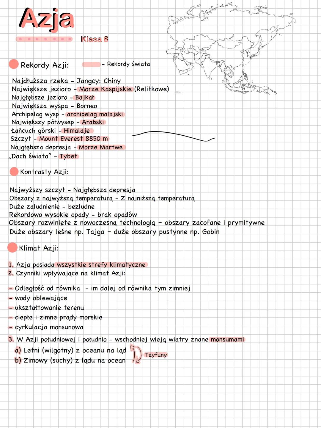 Azja
Klasa 8
Rekordy świata
Rekordy Azji:
Najdłuższa rzeka Jangcy: Chiny
Największe jezioro - Morze Kaspijskie (Relitkowe)
Najgłębsze jezi