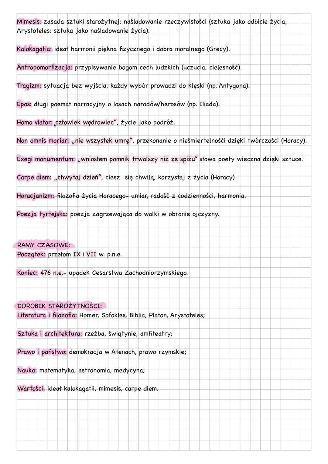 # ANTYK
POJĘCIA:
Sacrum: strefa święta, boskości przejawia się w obrzędach, mitach i tekstach kultu. Kontrastuje z
profanum.
Profanum: to,