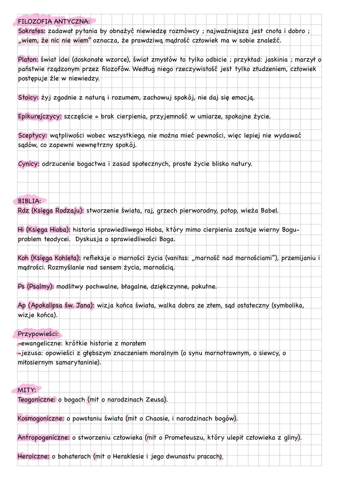 # ANTYK
POJĘCIA:
Sacrum: strefa święta, boskości przejawia się w obrzędach, mitach i tekstach kultu. Kontrastuje z
profanum.
Profanum: to,