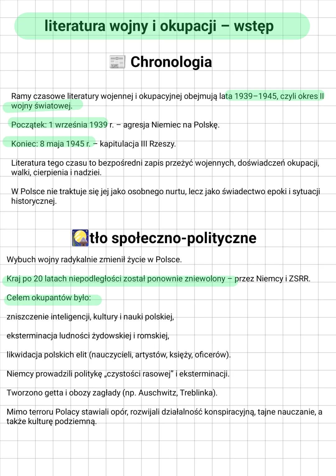 # literatura wojny i okupacji – wstęp
Chronologia
Ramy czasowe literatury wojennej i okupacyjnej obejmują lata 1939-1945, czyli okres II
w