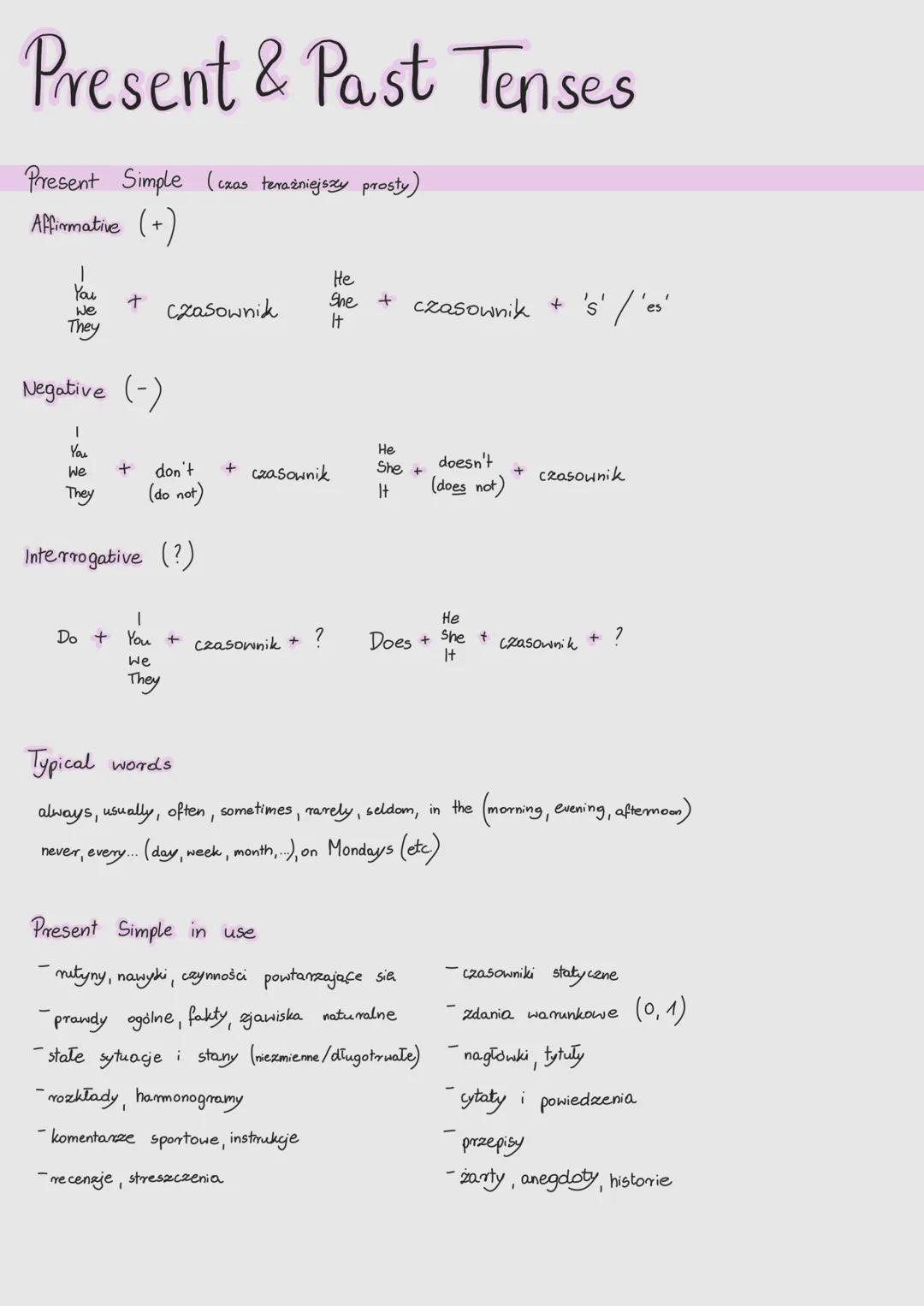 # Present & Past Tenses
Present Simple (czas terażniejszy prosty)
Affirmative (+)
1
You
We
They
+ Czasownik
Negative (-)
1
You
We
They