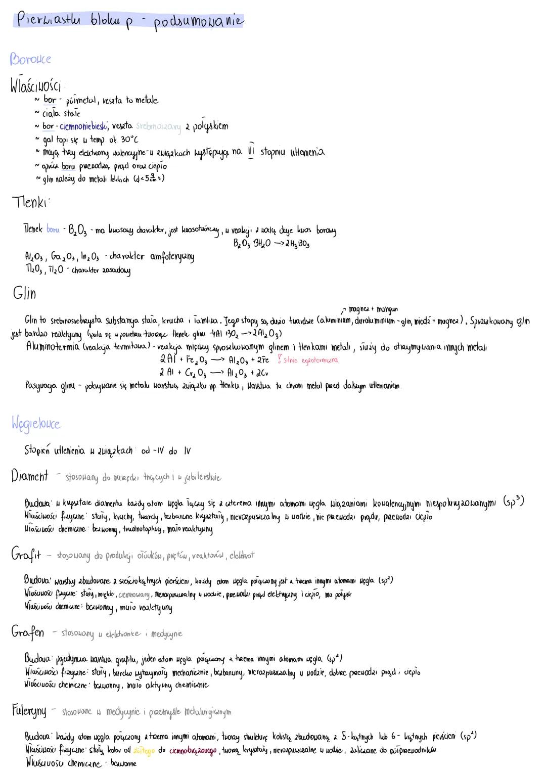 # Pierwiastle bloku p- podsumowanie
Boroluce
Wlaściwości
- ~bor púimetal, resata to metale
- ciala stalc
- ~bor-ciemnoniebieski, veszta s