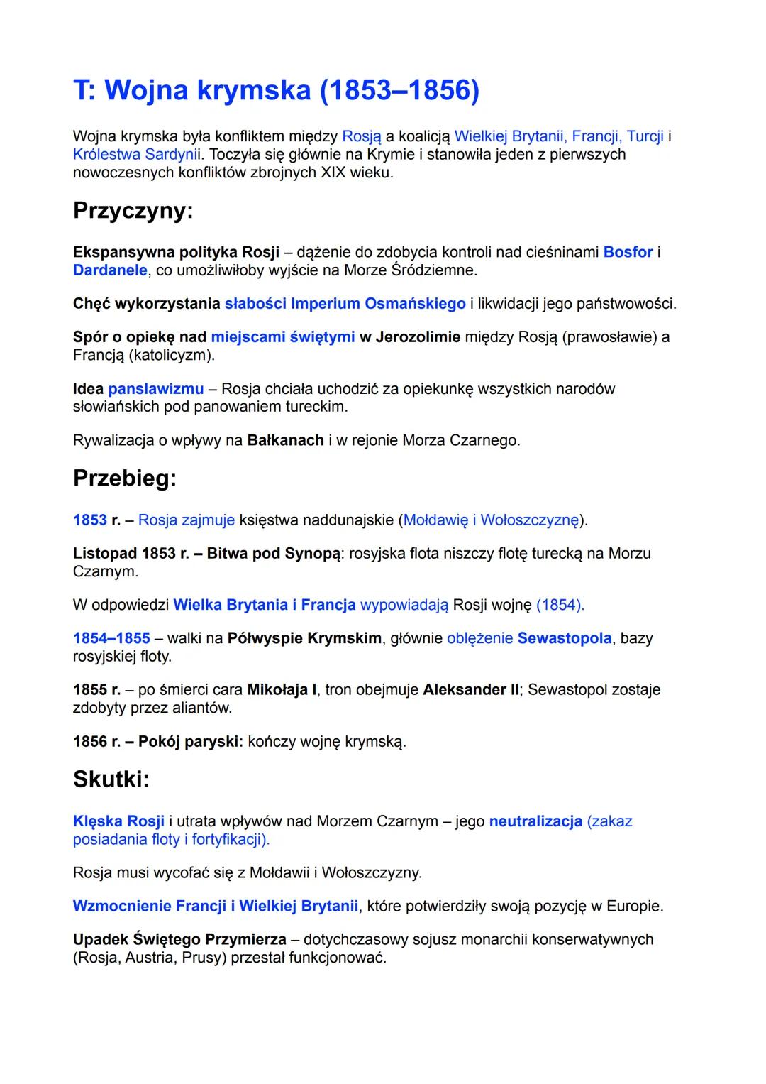 # T: Wojna krymska (1853-1856)
Wojna krymska była konfliktem między Rosją a koalicją Wielkiej Brytanii, Francji, Turcji i
Królestwa Sardyni