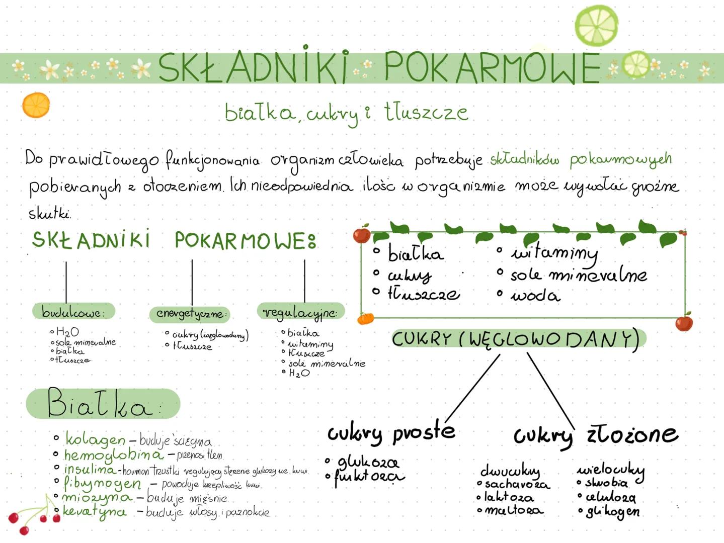 SKŁADNIKI POKARMOWE
białka, cukry i tłuszcze
biologia klasa 7 # SKŁADNIKI POKARMOWE
białka, cukry i tłuszcze
Do prawidłowego funkcjonowani