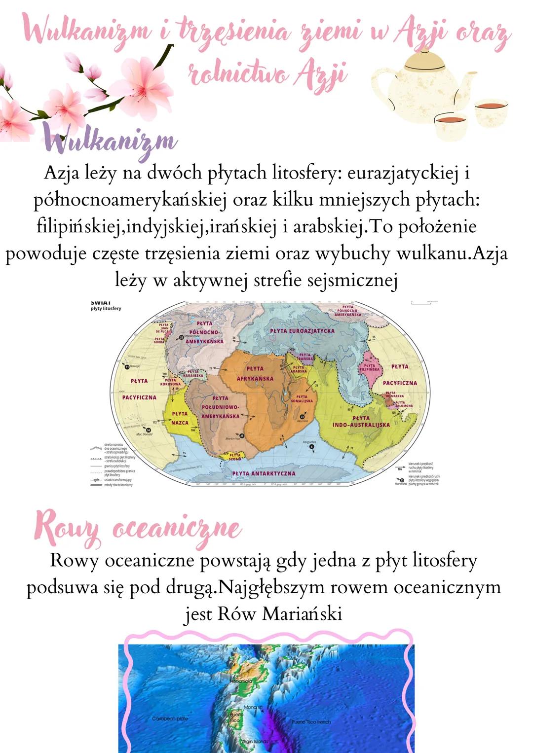 # Wulkanizm i trzęsienia ziemi w Azji oraz
rolnictvo Azji
# Wulkanizm
Azja leży na dwóch płytach litosfery: eurazjatyckiej i
północnoamery
