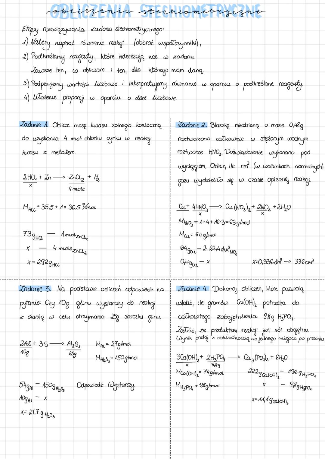 # obliczenia stechiometrgezne
Etapy rozwiązywania zadania stechiometrycznego:
1) Należy napisać równanie reakcji (dobrać współczynniki),
2)