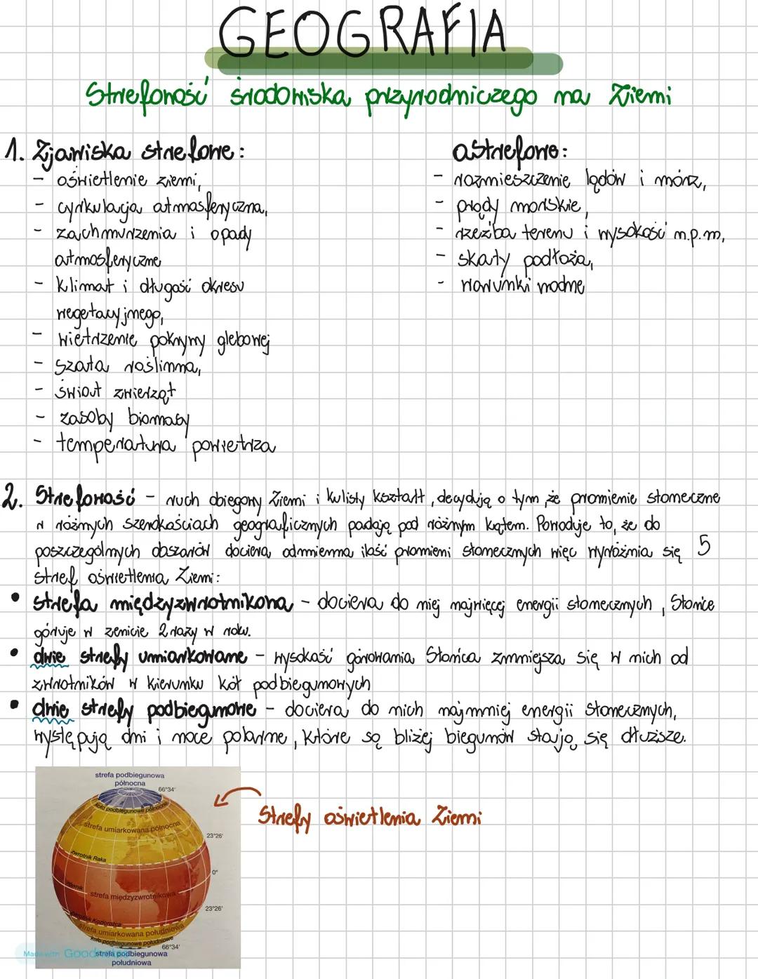 Made with Goodnotes # GEOGRAFIA
Strefonosu środowiska przyrodniczego na Ziemi
1. Zjawiska strelone:
- oświetlenie ziemi,
- cyrkulacja atm