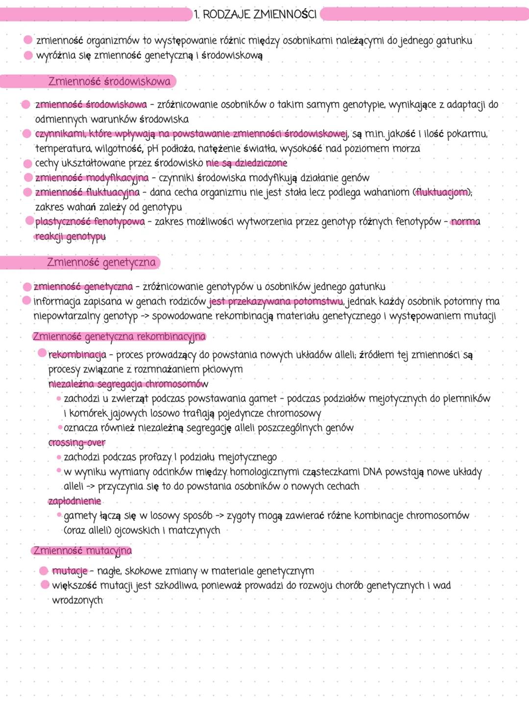 # 1. RODZAJE ZMIENNOŚCI
zmienność organizmów to występowanie różnic między osobnikami należącymi do jednego gatunku
wyóżnia się zmienność g